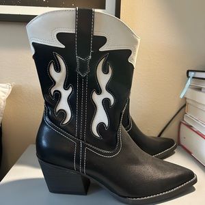 Black and white western boots with flames